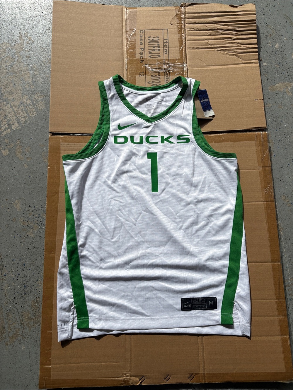 Nike White and Green Ducks Basketball Jersey